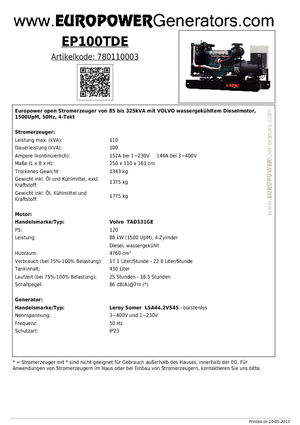 Groupes électrogènes à diesel Europower EP100TDE (LS)