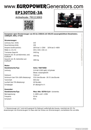 Groupes électrogènes à diesel Europower EP130TDE-3A (MA)