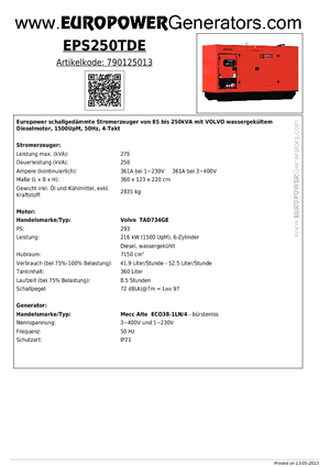 Groupes électrogènes à diesel Europower EPS250TDE (MA)