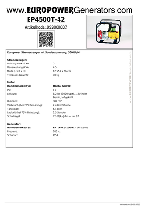 Groupes électrogènes à diesel Europower EP4500T-42 (EP)