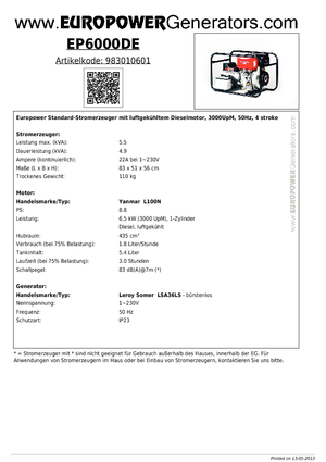 Groupes électrogènes à diesel Europower EP 6000 DE (LS)
