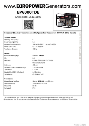 Groupes électrogènes à diesel Europower EP6000TDE (S)