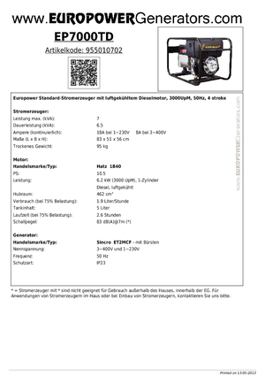 Groupes électrogènes à diesel Europower EP7000TD (S)