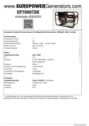 Groupes électrogènes à diesel Europower EP7000TDE (S)