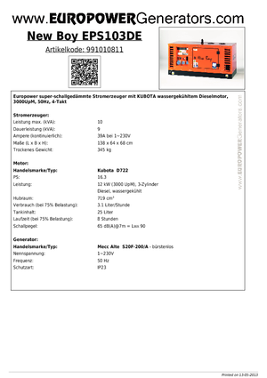 Groupes électrogènes à diesel Europower New Boy EPS103DE (MA)