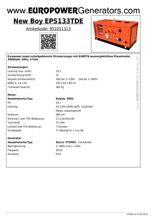 Groupes électrogènes à diesel Europower New Boy EPS133TDE (S)