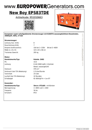 Groupes électrogènes à diesel Europower New Boy EPS83TDE (S)