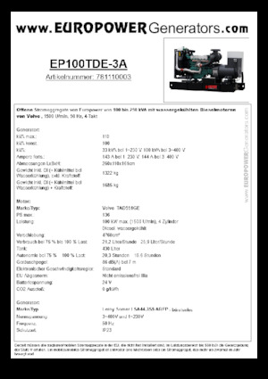Groupes électrogènes à diesel Europower EP100TDE-3A (LS)