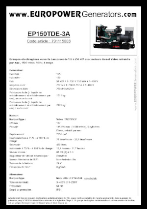 Groupes électrogènes à diesel Europower EP150TDE-3A (MA)