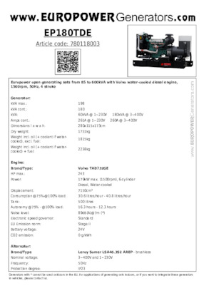 Groupes électrogènes à diesel Europower EP180TDE (LS)