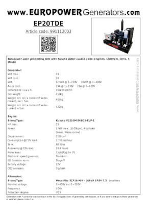 Groupes électrogènes à diesel Europower EP20TDE (MA)