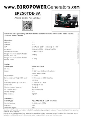 Groupes électrogènes à diesel Europower EP250TDE-3A (MA)