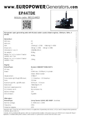 Groupes électrogènes à diesel Europower EP44TDE (LS)