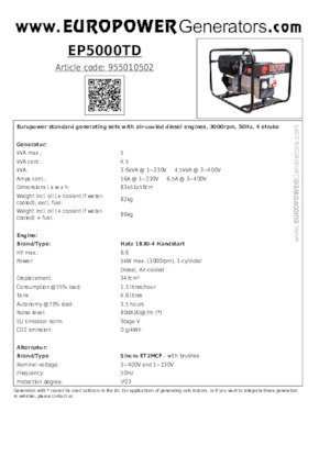 Groupes électrogènes à diesel Europower EP5000TD (S)
