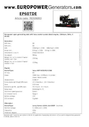 Groupes électrogènes à diesel Europower EP60TDE (LS)