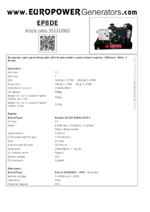 Groupes électrogènes à diesel Europower EP8DE (S)