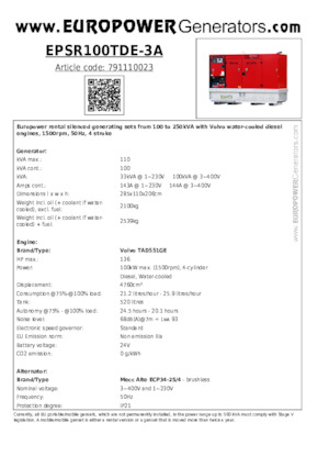 Groupes électrogènes à diesel Europower EPSR100TDE-3A (MA)