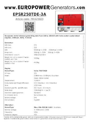 Groupes électrogènes à diesel Europower EPSR250TDE-3A (MA)