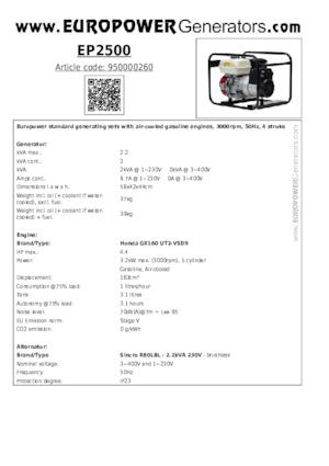 Groupes électrogènes à essence Europower EP2500 (S)