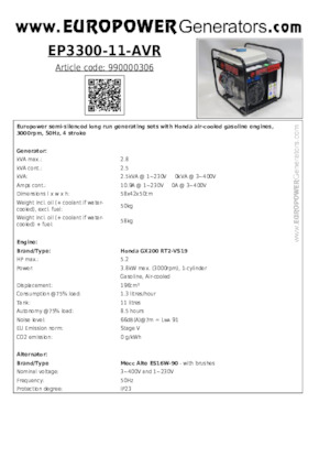 Groupes électrogènes à essence Europower EP3300-11-AVR (MA)