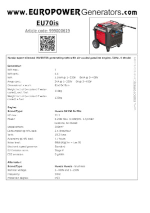 Groupes électrogènes à essence Europower EU70is