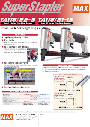 Cloueuses et Agrafeuses MAX USA CORP. TA116A/22-9