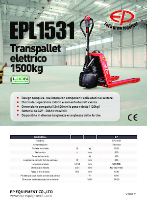 Transpalette ellectr. timon des piétons à partir du sol EP EPL1531