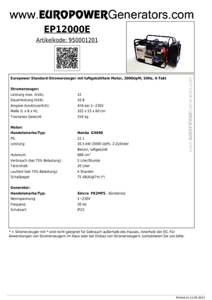 Groupes électrogènes à essence Europower EP12000E (S)