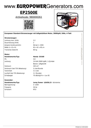 Groupes électrogènes à essence Europower EP 2500 E (LS)