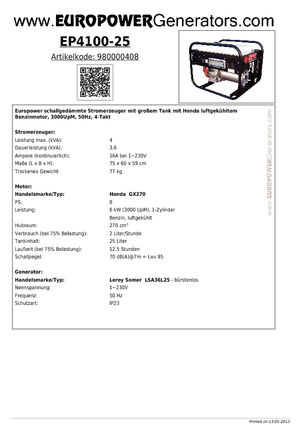 Groupes électrogènes à essence Europower EP 4100/25 (LS)