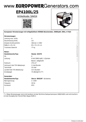 Groupes électrogènes à essence Europower EP 4100 L