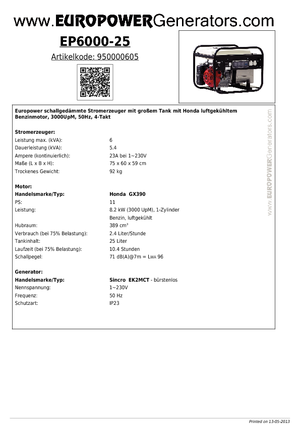 Groupes électrogènes à essence Europower EP6000-25 (S)
