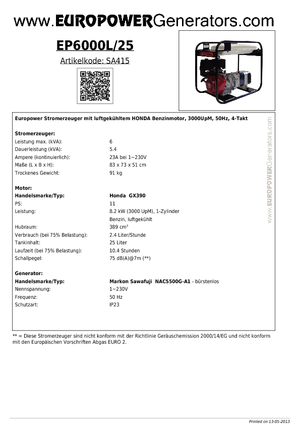 Groupes électrogènes à essence Europower EP 6000 L / 25