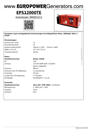 Groupes électrogènes à essence Europower EPS12000TE (MA)