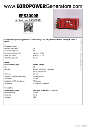 Groupes électrogènes à essence Europower EPS 3000 E (MA)