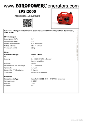 Groupes électrogènes à essence Europower EPSi2000 (Sa)