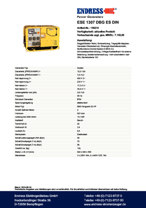 Groupes électrogènes à essence Endress ESE 1307 DBG ES DIN