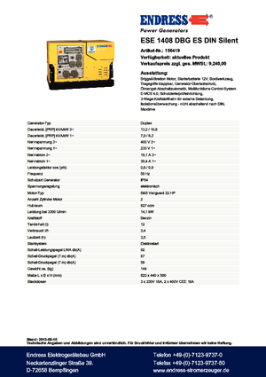 Groupes électrogènes à essence Endress ESE 1408 DBG ES DIN Silent