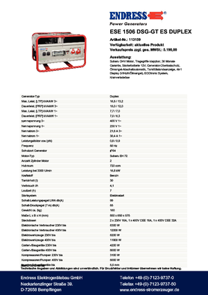 Groupes électrogènes à essence Endress ESE 1506 DSG-GT ES Duplex