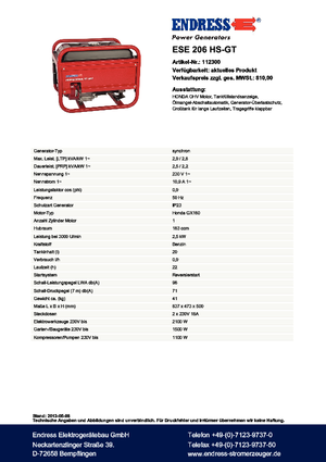 Groupes électrogènes à essence Endress ESE 206 HS-GT