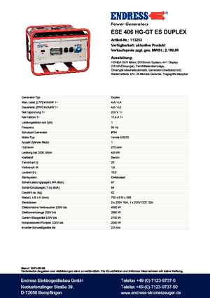 Groupes électrogènes à essence Endress ESE 406 HG-GT ES Duplex