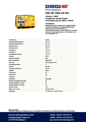 Groupes électrogènes à essence Endress ESE 807 DBG ES DIN
