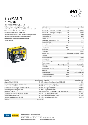 Groupes électrogènes à essence Eisemann H 7400 E