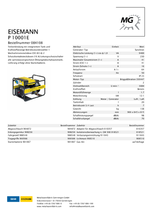 Groupes électrogènes à essence Eisemann P 10001 E