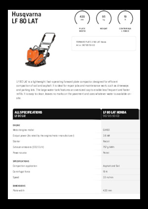 Plaques vibrantes unidirectionnelles Husqvarna LF 80 LAT