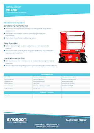 Nacelles à mât vertical unique Sinoboom VM120E