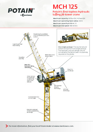 Grues à tour  - tourneur supérieur- flèche épingle Potain MCH 125A
